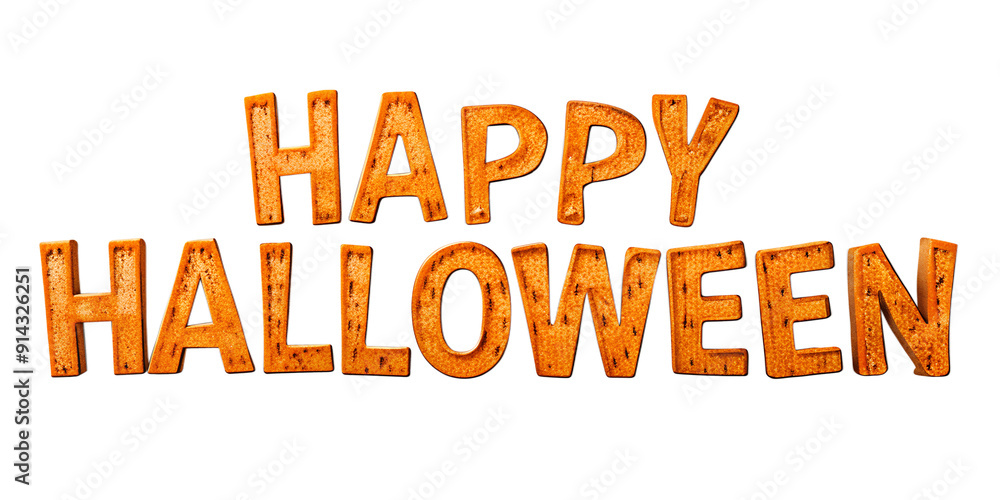 Happy Halloween in bold orange text, pumpkin style, cut out transparent Happy Halloween in bold orange text, pumpkin style, cut out transparent