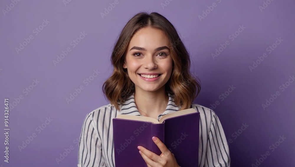 teenage girl with a book on a purple background teenage girl with a book on a purple background
