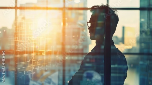 Silhouette of a man in glasses looking out of a large window at a city skyline. The sun shines through the window creating a warm glow.