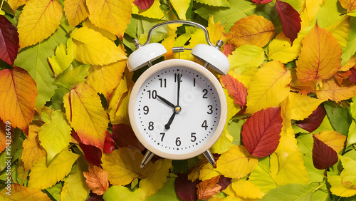 old alarm clock on autumn leaves natural background