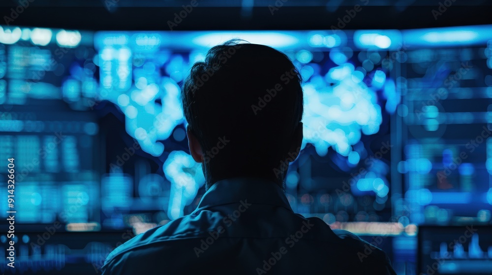 Silhouette of a man looking at a large screen displaying data and maps. Silhouette of a man looking at a large screen displaying data and maps.