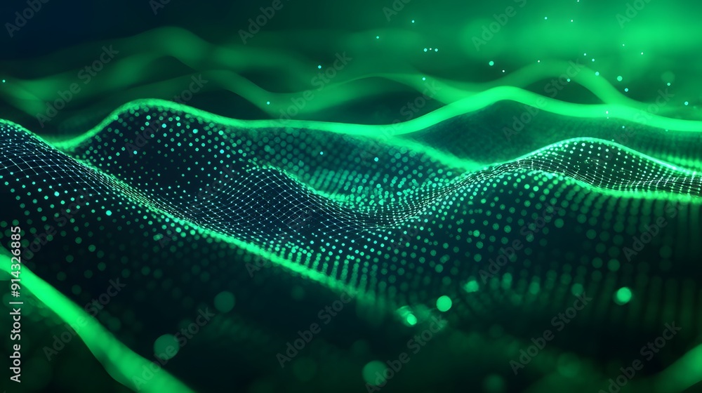 Abstract digital landscape with flowing green data points resembling a wave pattern, perfect for technology and data-related projects. Abstract digital landscape with flowing green data points resembling a wave pattern, perfect for technology and data-related projects.