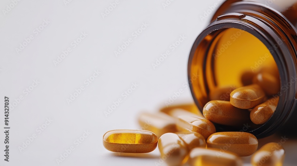 Zoomed-in Allergy Relief Tablets: A close-up view of allergy relief tablets in a clear bottle with some tablets visible outside. Zoomed-in Allergy Relief Tablets: A close-up view of allergy relief tablets in a clear bottle with some tablets visible outside.
