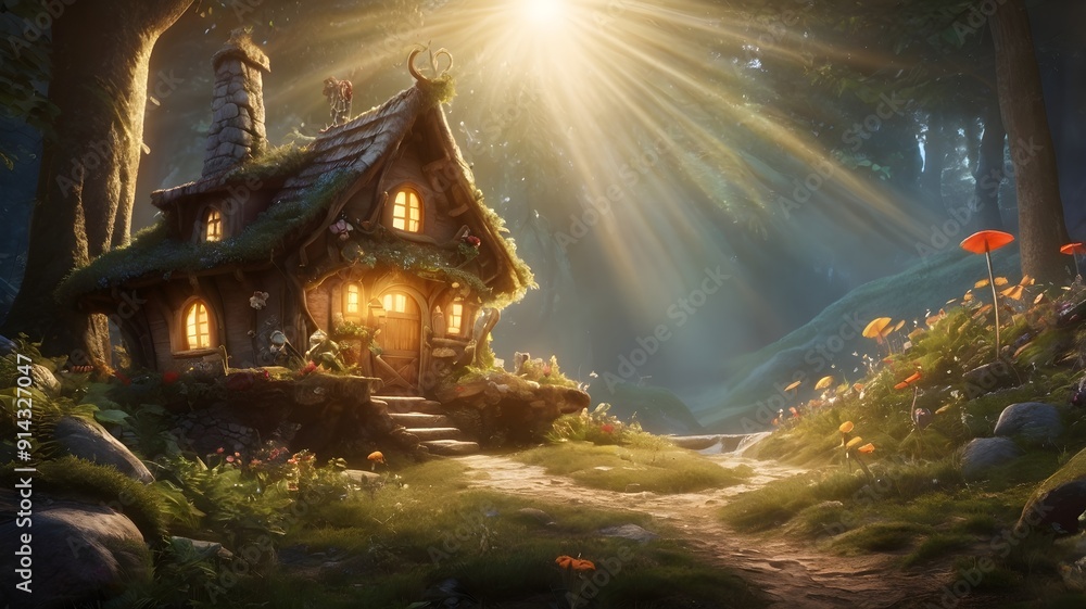 Obraz premium Fairytale tree house in a mysterious forest, house of pixies and elves. template for design.