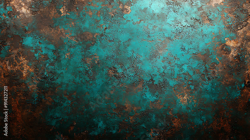 A close-up view of a rusty metal surface with turqoise paint peeling away to reveal the corroded texture underneath photo