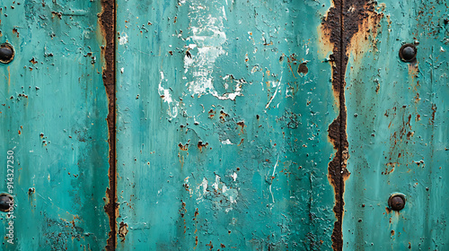 A close-up view of a rusty metal surface with turqoise paint peeling away to reveal the corroded texture underneath photo