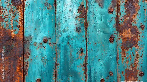 A close-up view of a rusty metal surface with turqoise paint peeling away to reveal the corroded texture underneath photo