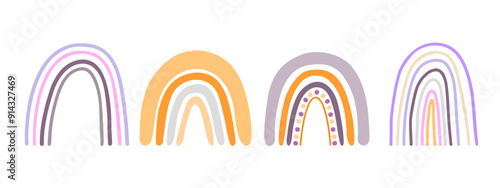 Boho rainbows set abstract shapes, simple hand drawn silhouette vector illustration in trendy pastel colors, minimalist concept perfect for making cards, banners, modern posters, textile, papercraft