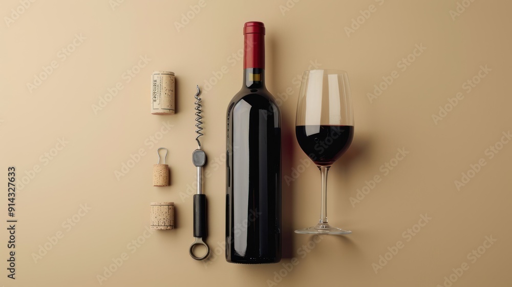 Lay flat wine with a bottle of red wine, wine glass, and corkscrew. Lay flat wine with a bottle of red wine, wine glass, and corkscrew.