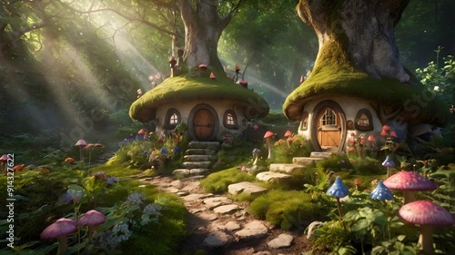 Fairytale tree house in a mysterious forest, house of pixies and elves. template for design.