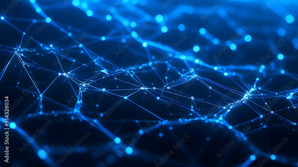 Fototapeta premium Abstract digital network, blue glowing lines and nodes, technology background, data visualization, futuristic connections.