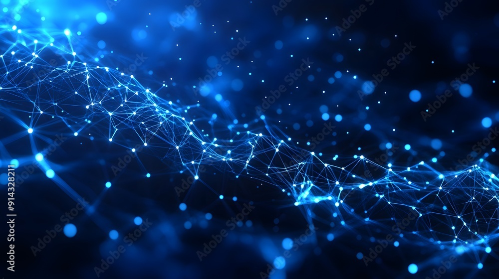 Abstract digital network visualization with glowing blue nodes and connections on a dark background, representing technology and communication. Abstract digital network visualization with glowing blue nodes and connections on a dark background, representing technology and communication.