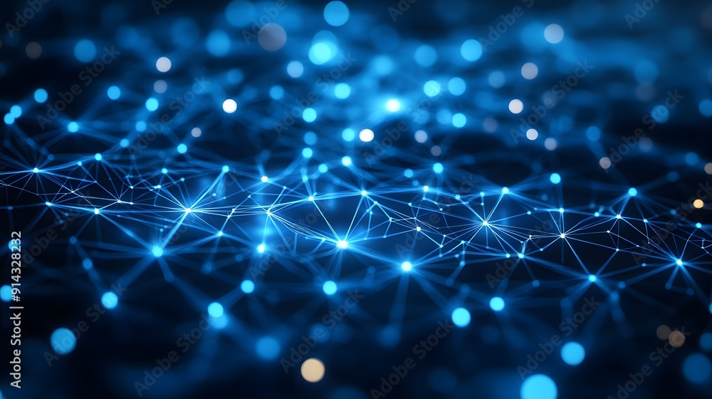 Abstract digital network with blue glowing nodes and lines, representing data communication and technology connections. Abstract digital network with blue glowing nodes and lines, representing data communication and technology connections.