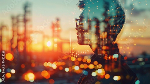 Silhouette of a person with glowing lights and data streams, against a city skyline at sunset.