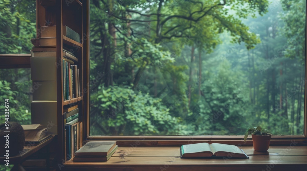 Reading nook by a window with a view of nature. Reading nook by a window with a view of nature.