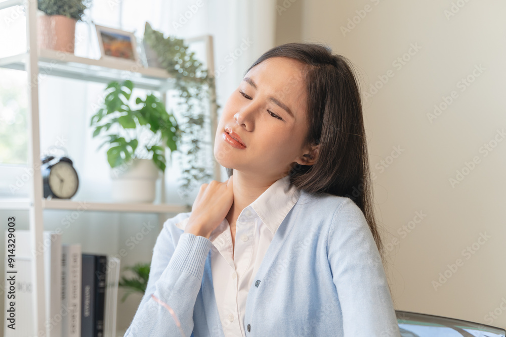 Office workers have neck pain from bad posture during sitting and work. Office workers have neck pain from bad posture during sitting and work.