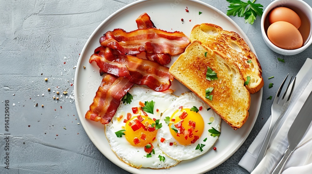 Classic breakfast plate with golden fried eggs, crispy bacon, and juicy tomato slices Classic breakfast plate with golden fried eggs, crispy bacon, and juicy tomato slices