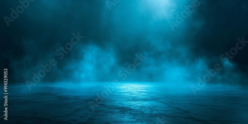 Abstract blue background with empty street scene, Studio room with smoke and concrete floor texture for product display. 