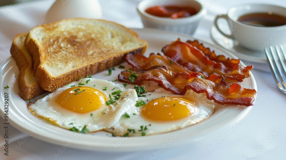 A plate of crispy bacon and fried eggs for a classic breakfast A plate of crispy bacon and fried eggs for a classic breakfast