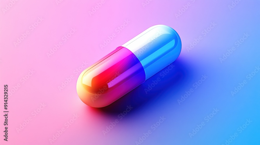 Colorful capsule pill on a vibrant gradient background, representing pharmaceuticals, medicine, or healthcare concepts. Colorful capsule pill on a vibrant gradient background, representing pharmaceuticals, medicine, or healthcare concepts.