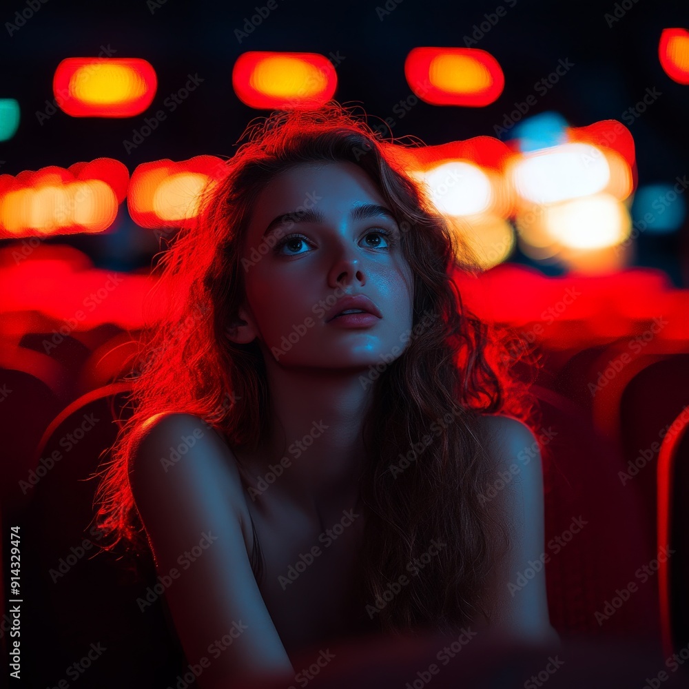 Woman Enjoys Movie Alone in Dark Cinema Woman Enjoys Movie Alone in Dark Cinema