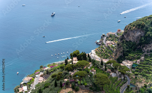 Aerial View of Coastal Cliffside Villages and Boats on the Sea, Terrace of Infinity, Gardens of Villa Cimbrone villa in ravello