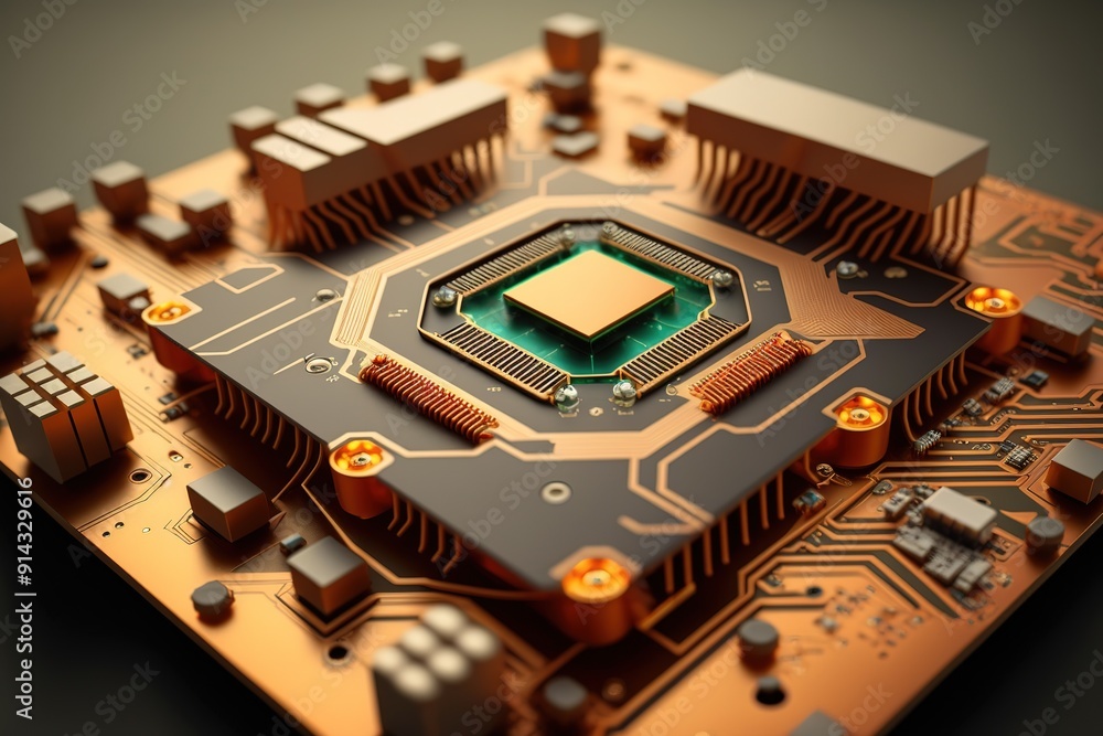 Close-up of a computer processor on a circuit board. Close-up of a computer processor on a circuit board.