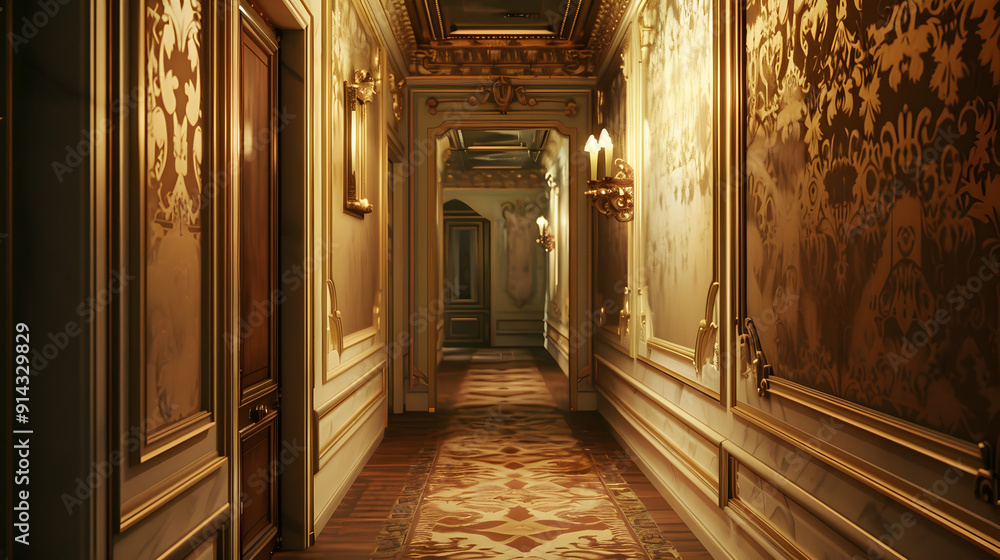 A long hallway with a gold and white wall and a gold and white door A long hallway with a gold and white wall and a gold and white door