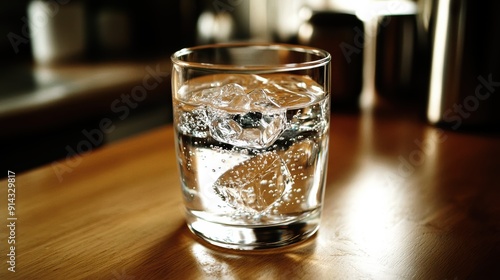 Clear glass filled with ice-cold water on a wooden table in warm ambient light, perfect for refreshment and hydration visuals.