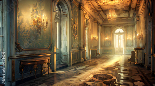 A large, empty room with a chandelier hanging from the ceiling