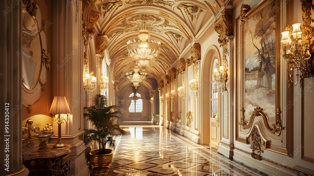 A long hallway with a chandelier hanging from the ceiling A long hallway with a chandelier hanging from the ceiling