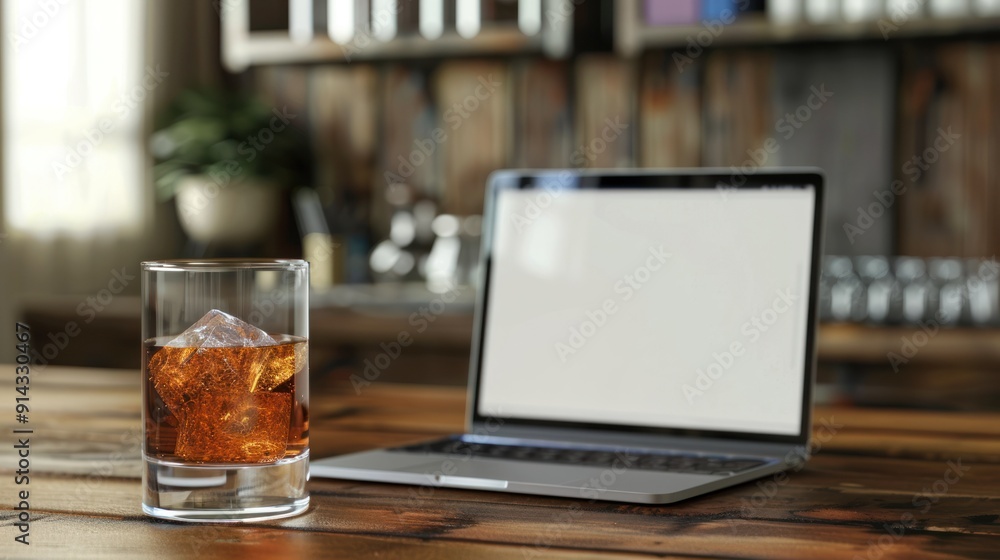 Blank laptop screen on a wooden desk.