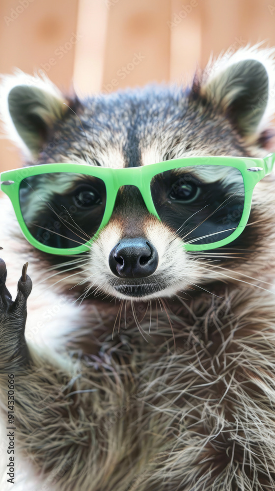 Funny raccoon in green sunglasses waving Funny raccoon in green sunglasses waving