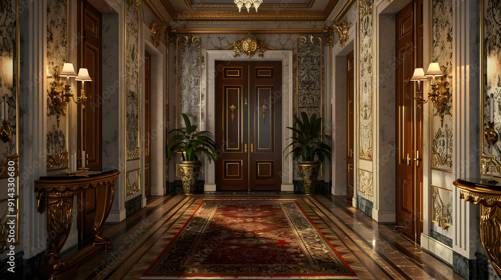 Fototapeta premium A long hallway with a red carpet and a large plant in the middle