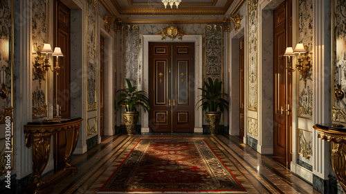 A long hallway with a red carpet and a large plant in the middle