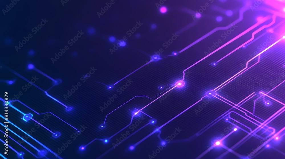 Obraz premium Abstract futuristic technology background with glowing neon lines and dots, representing a digital circuit and data flow.