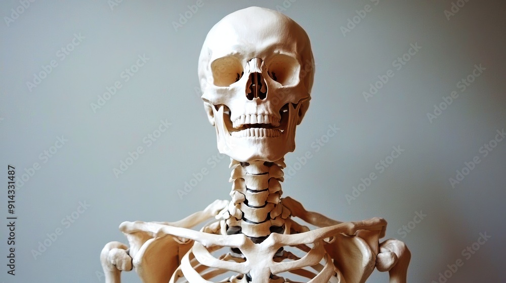 Detailed close-up of a human skeleton model, ideal for medical, educational, or scientific use. Clear view of bones and joints. Detailed close-up of a human skeleton model, ideal for medical, educational, or scientific use. Clear view of bones and joints.