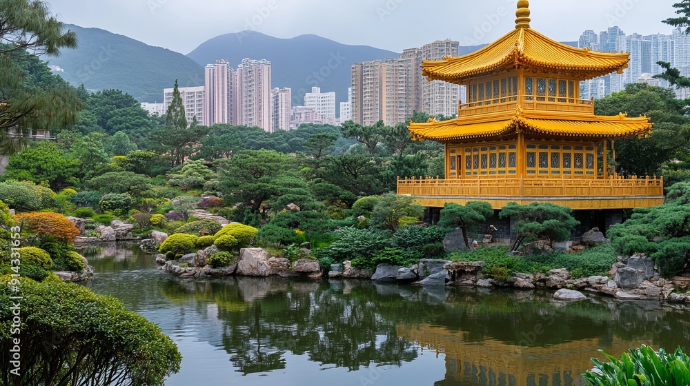 Hong kong, china - 25 november 2023 : Nan Lian garden, chinese classical garden, golden pavilion of perfection in nan lian garden, hong kong Hong kong, china - 25 november 2023 : Nan Lian garden, chinese classical garden, golden pavilion of perfection in nan lian garden, hong kong