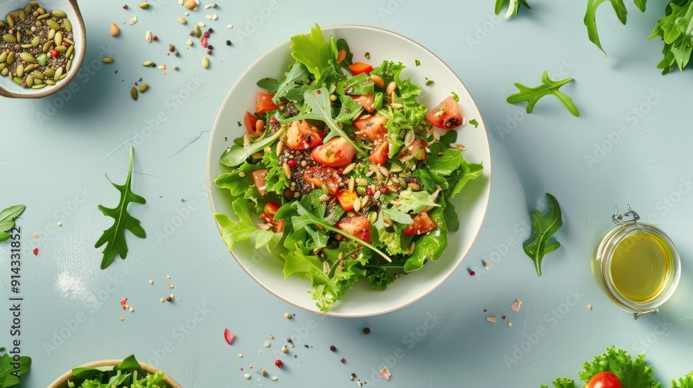 Lay flat food with a healthy salad, dressing, and seeds.