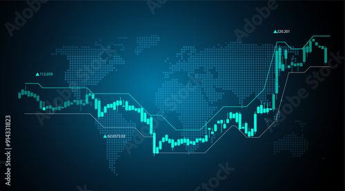 Stock market trading background. Candlestick bullish or market up trend blue dark business background. 