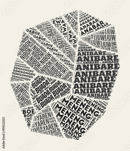 Nauru Word Cloud. Country with regions division. Nauru typographic text clouds vector image design. Vintage gazette style country shape image. Creative vector illustration.