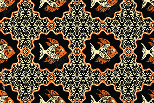Seamless pattern with Fish tribal vector Illustration, sea batik motif