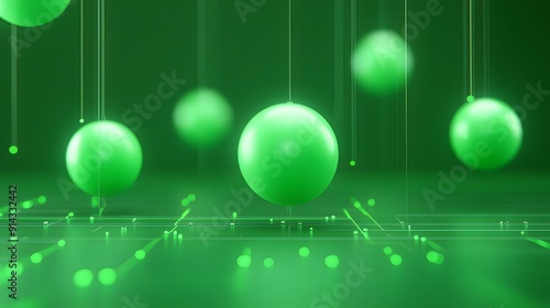 Abstract green spheres suspended in a futuristic digital environment, glowing with lines and dots. High-tech, modern, and vibrant design.