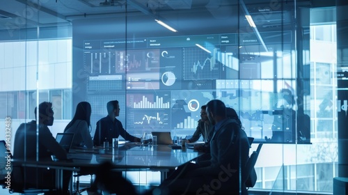 Silhouettes of business professionals in a meeting room, with data and graphs projected on the glass wall behind them.