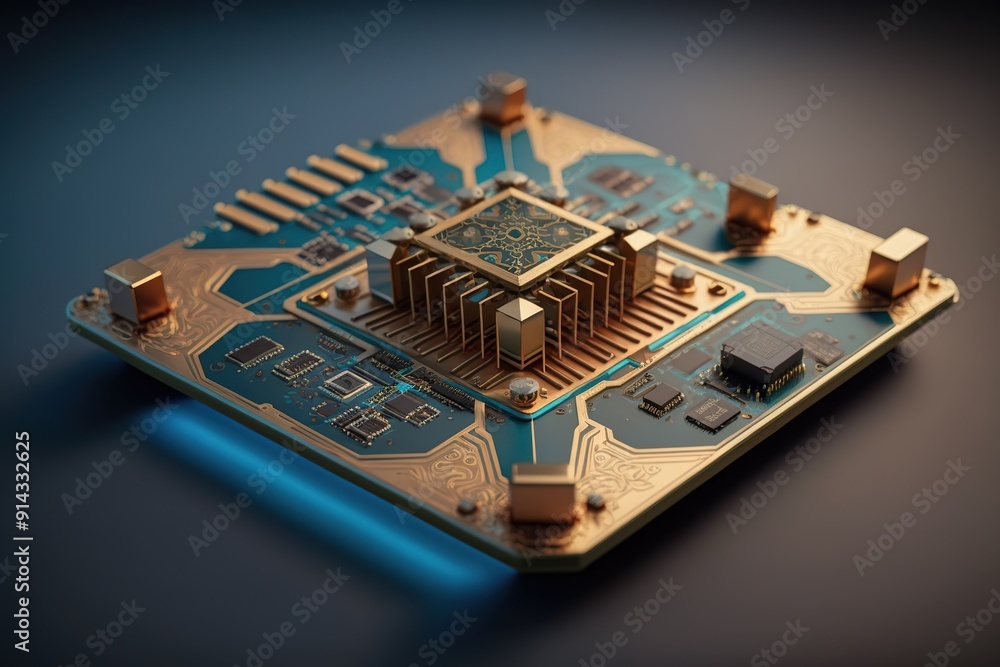 Closeup of a gold and blue circuit board with a processor. Closeup of a gold and blue circuit board with a processor.