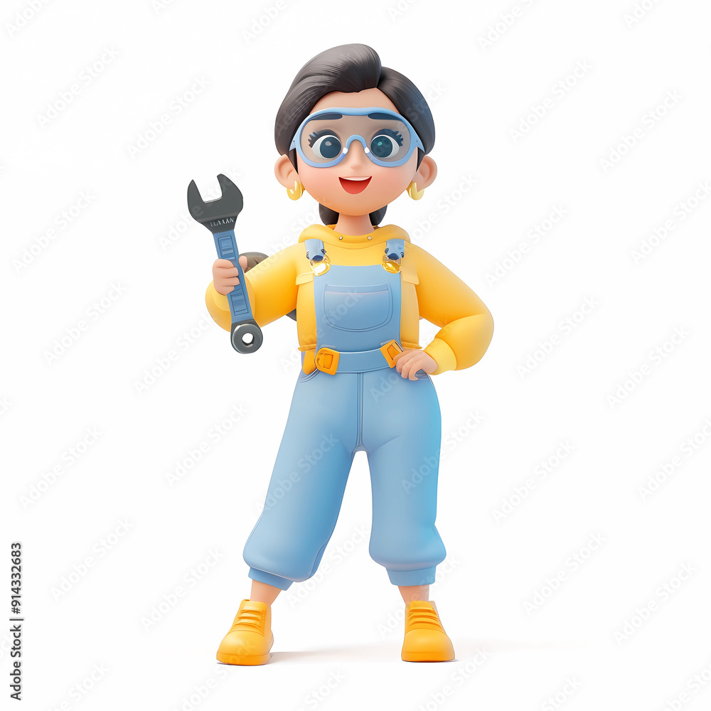 Cute 3d girl in blue overalls. Woman in safety glasses holding tool, wrench. Repairman Cute 3d girl in blue overalls. Woman in safety glasses holding tool, wrench. Repairman