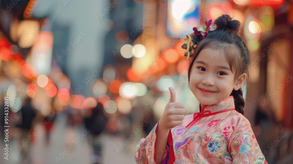 Smiling girl in traditional Chinese dress gives thumbs up in a festive, brightly lit street. Smiling girl in traditional Chinese dress gives thumbs up in a festive, brightly lit street.