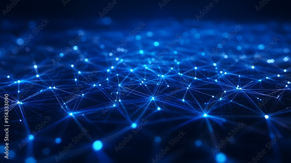 Obraz premium Abstract network of glowing blue lines and dots on a dark background illustrating connectivity, data flow, and digital communication.