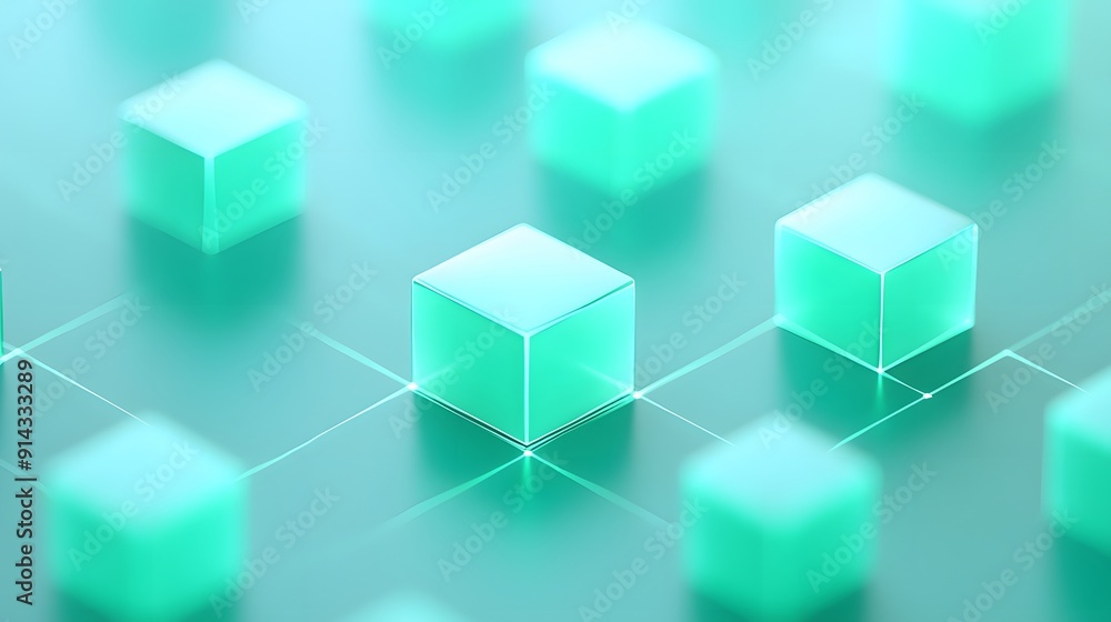 Abstract representation of blockchain technology, with glowing green cubes connected by lines, symbolizing data and network. Abstract representation of blockchain technology, with glowing green cubes connected by lines, symbolizing data and network.