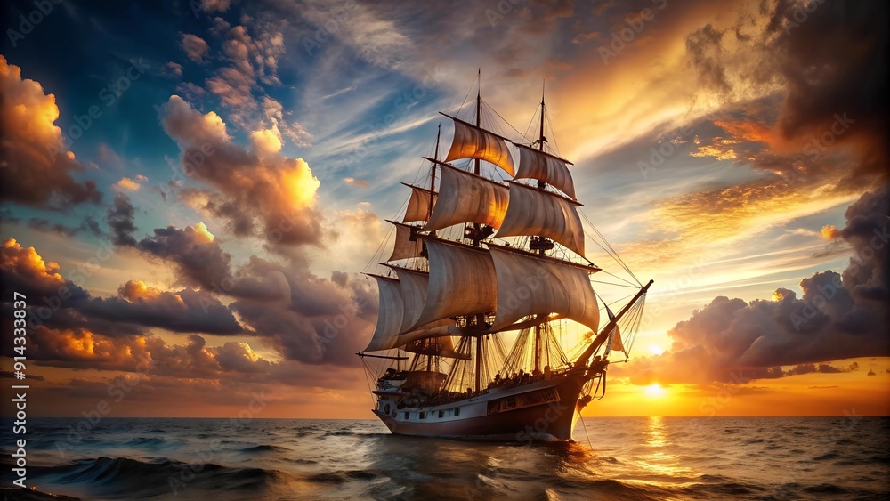Fototapeta premium A Majestic Galleon Bathed in the Warm Glow of Sunset AI generated